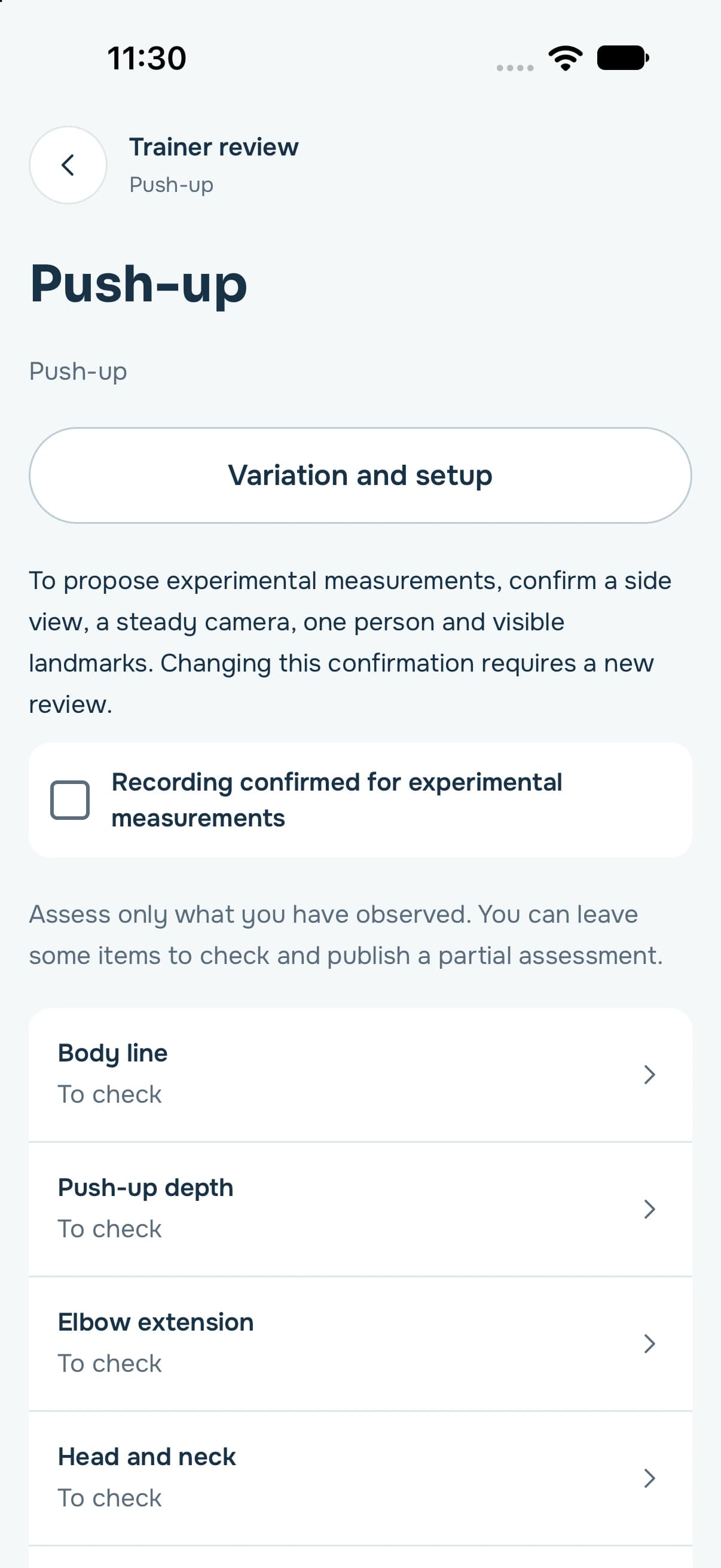 Schermata reale della revisione trainer in FormRaise, con i criteri dell’esercizio ancora da verificare.