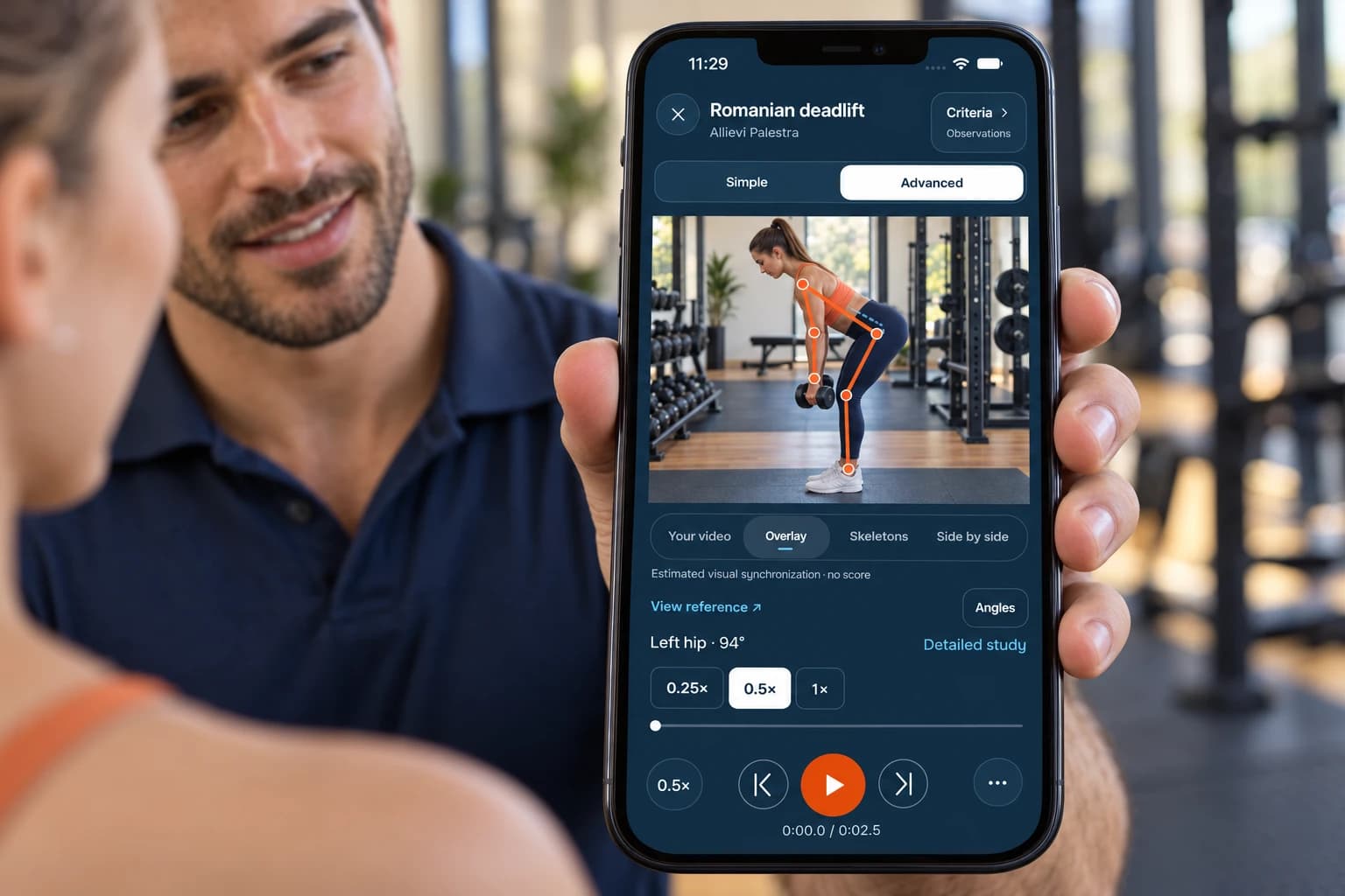 Visual dimostrativo: un trainer mostra sul telefono lo Studio di FormRaise, con una donna in stacco rumeno, tracciamento del corpo e angolo dell’anca.